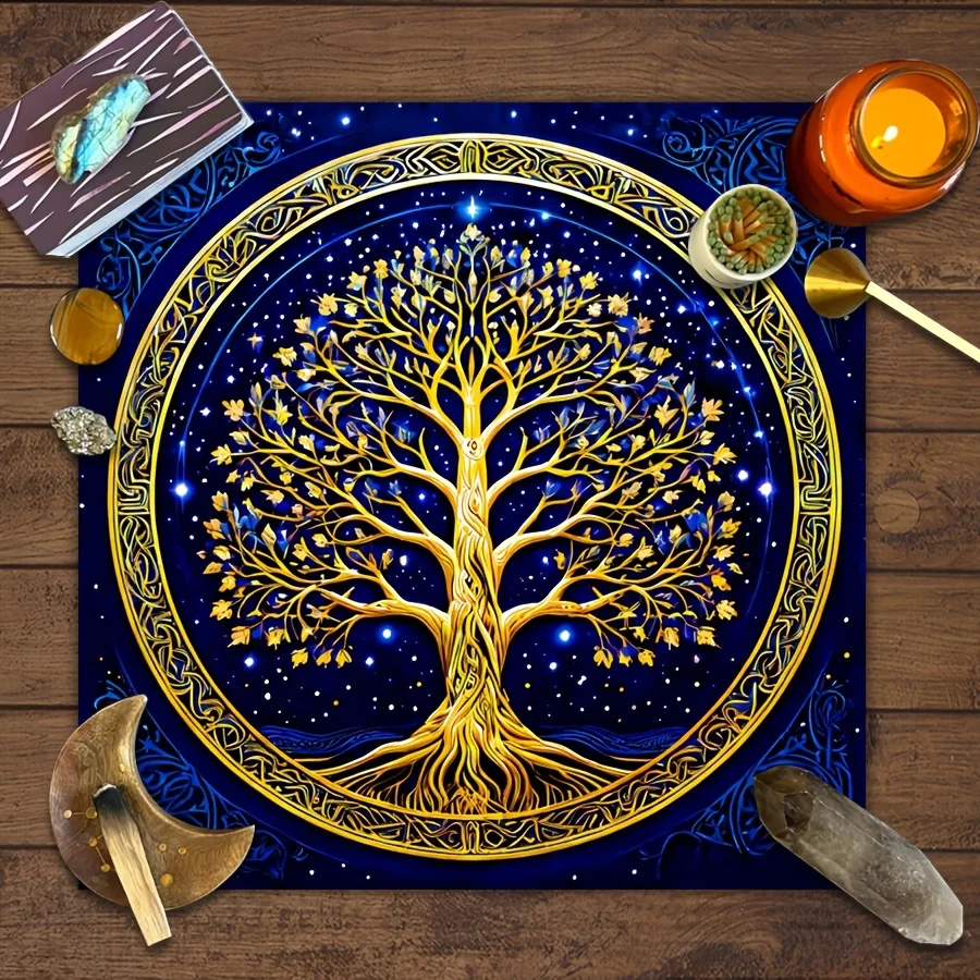 VIKAMA Tree of Life Starry Night Tablecloth Gold Tree of Life Dark Blue Starry Night Waterproof Stain Resistant Meditation