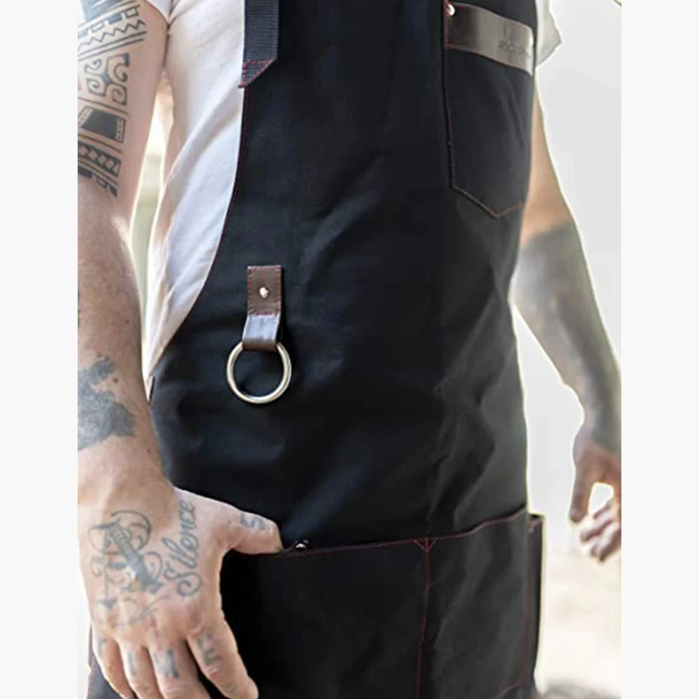 Thickened Chef Canvas Apron With Multiple Pockets Leather Splicing Work Clothes Home Kitchen Barbecue Anti Fouling Apron