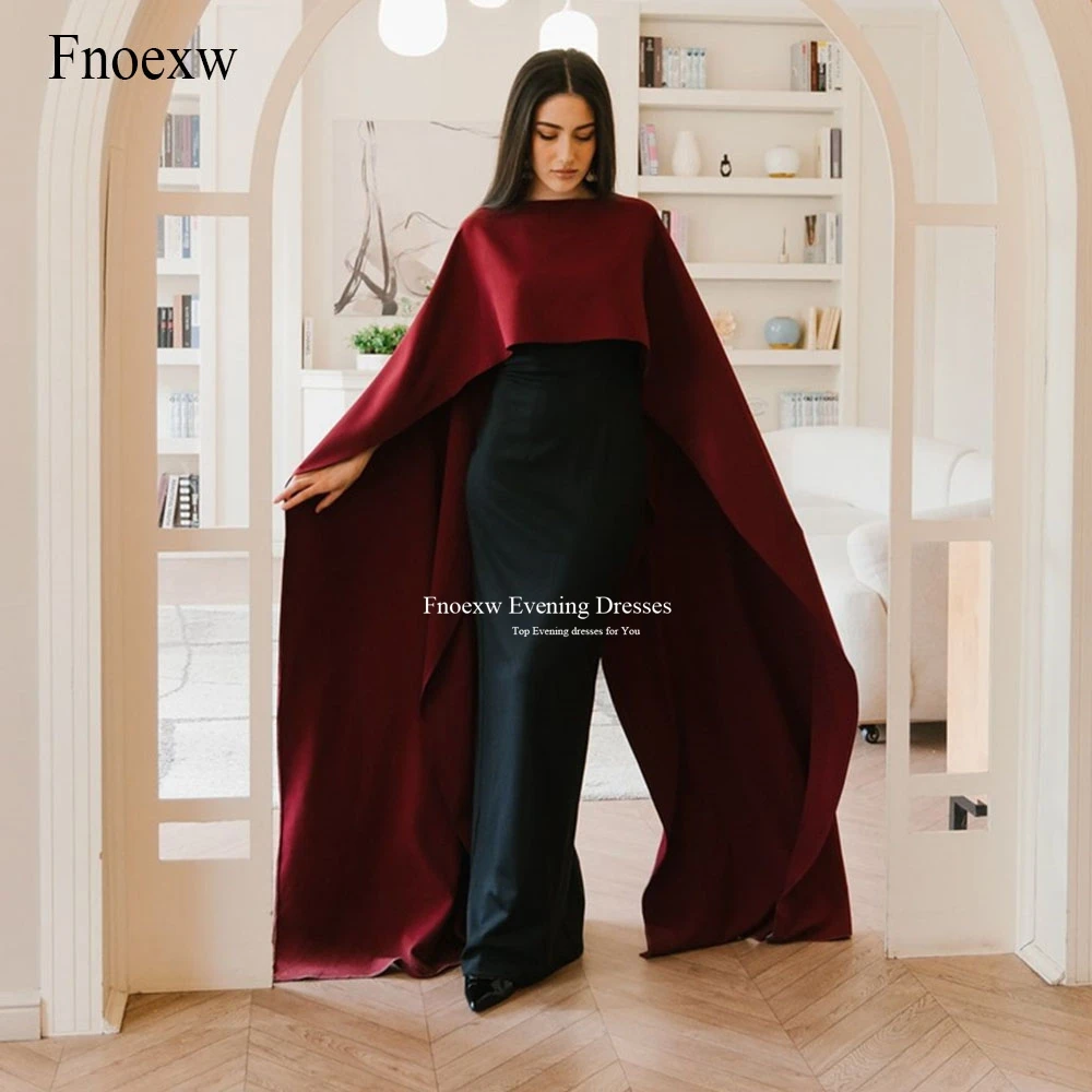 Fnoexw Elegant Mermaid Evening Dresses Long Cape Sleeves O-Neck Satin Saudi Arabia Burgundy and Black Robes De Soirée Prom Dress