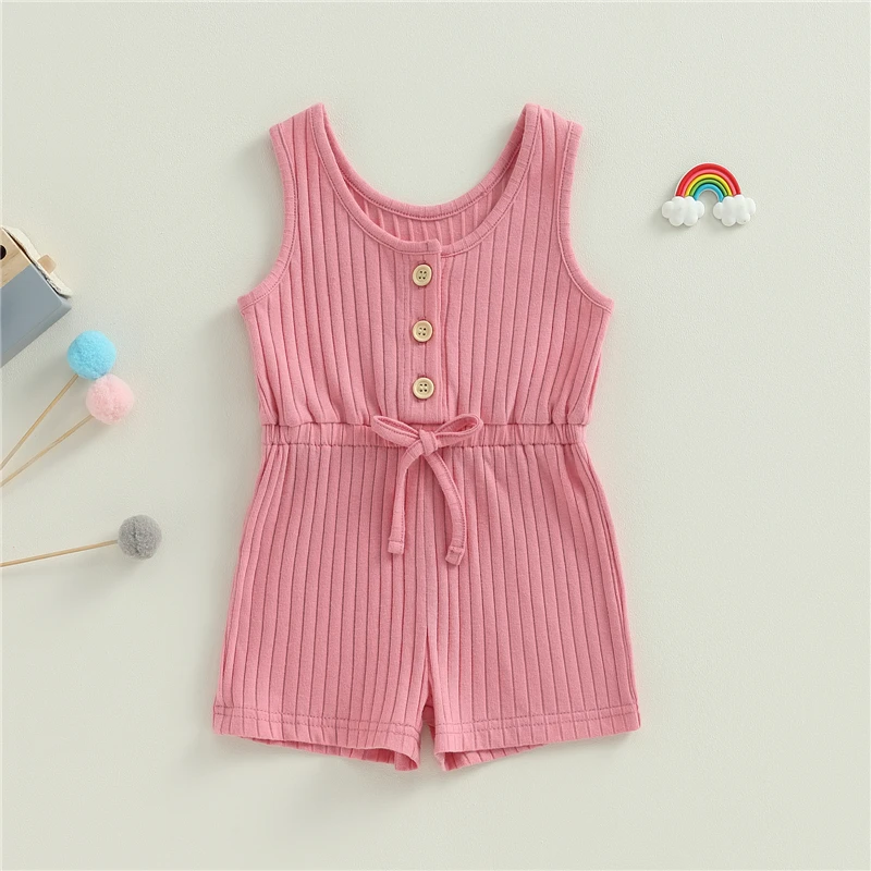 Baby Kid Girls Boys Ribbed Jumpsuit Playsuit Solid Color Sleeveless Romper Shorts for Toddler Summer Clothes