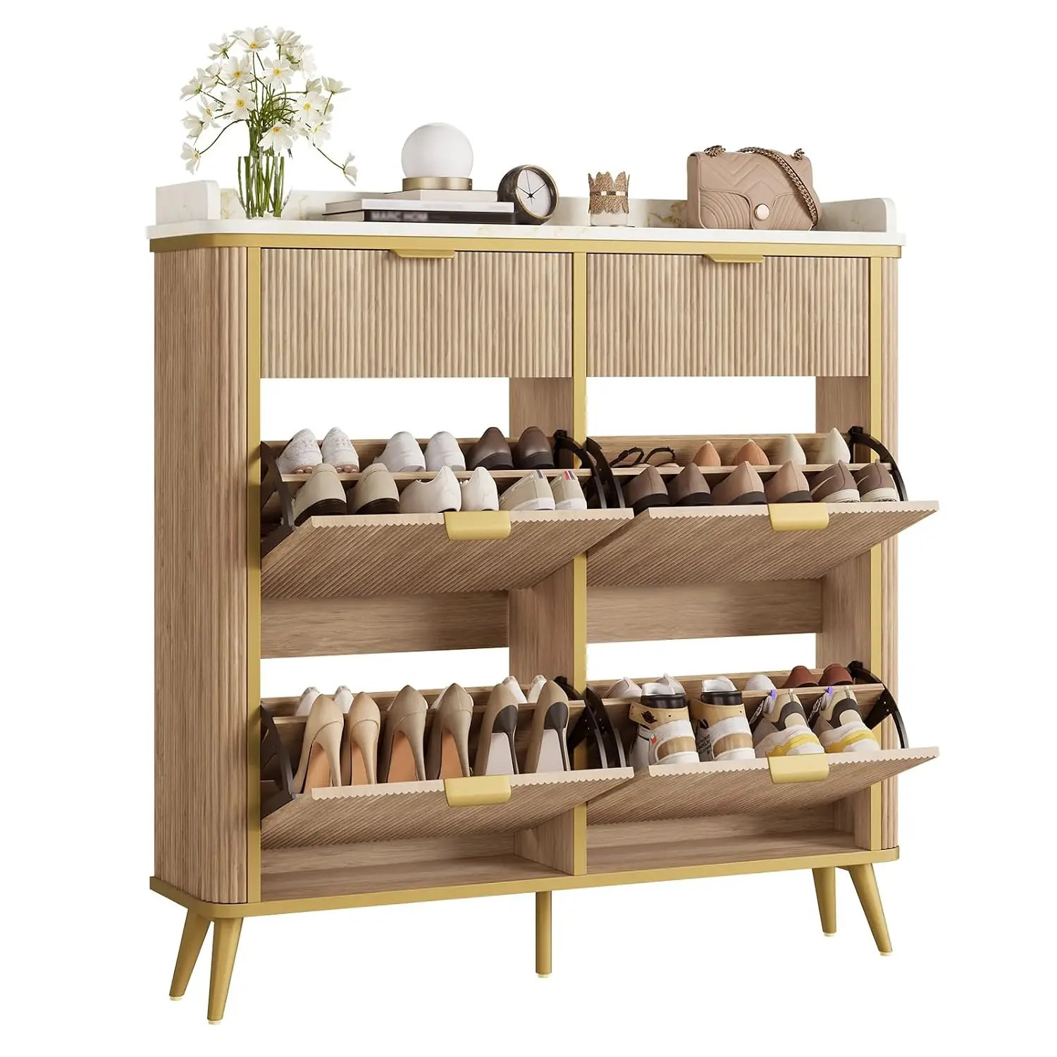Fluted Shoe Cabinet 4 Flip & 2 Drawers Hidden Organizer Adjustable Shelves Wood Narrow Rack Entryway Hallway Oak, Customized