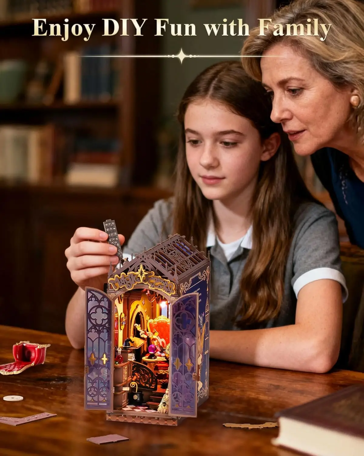 Robotime Rolife ブックヌックキット マジックファンタジーコーナー DIYブックヌック ライト付き ミニチュアハウスキット 3D木製パズル 本棚ギフト