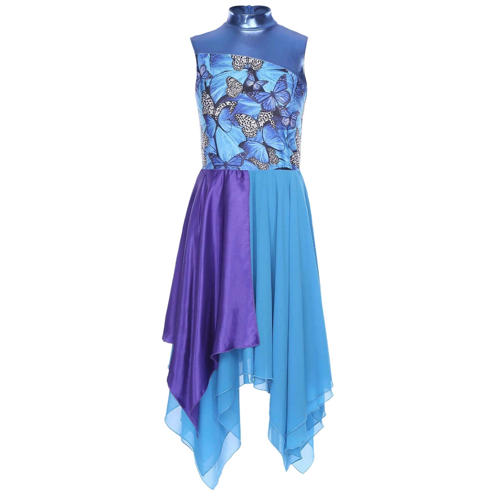 

Womens Worship Praise Dance Dress Sleeveless Print Patchwork Color Block Irregular Chiffon Hem Dress Modern Lyrical Dancewear