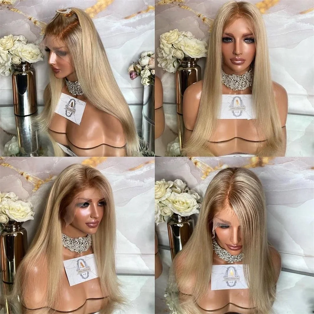 Parrucca anteriore in pizzo 13X4 parrucche sintetiche per donna parrucca da festa quotidiana lunga diritta bionda chiara frontale senza colla con linea sottile naturale