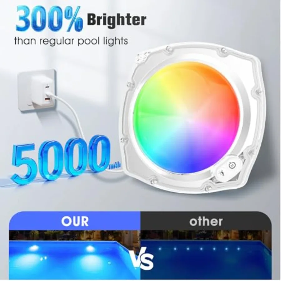Rechargeable Submersible Pool Lights with Remote, 5000mAh Underwater Led Pool Light for Above Ground Pool Lights Waterproof, 9