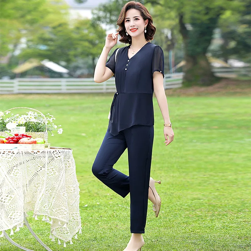 Spring Summer Elegant 2 Piece Pant Sets Women V-neck Tops & Pants Outfits Fashion splicing Workwear Pant Set