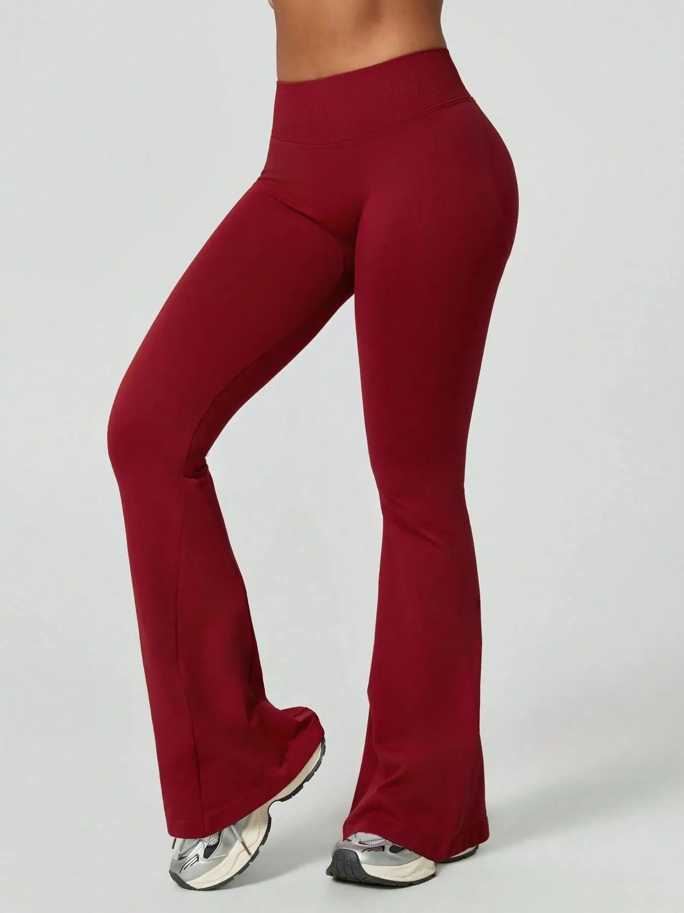 Damen High-Waist Flare Yoga-Hose, Einfarbig, Nahtlos, Breiter Bund, Weites Bein für Fitness, Laufen, Workout – Detail 5