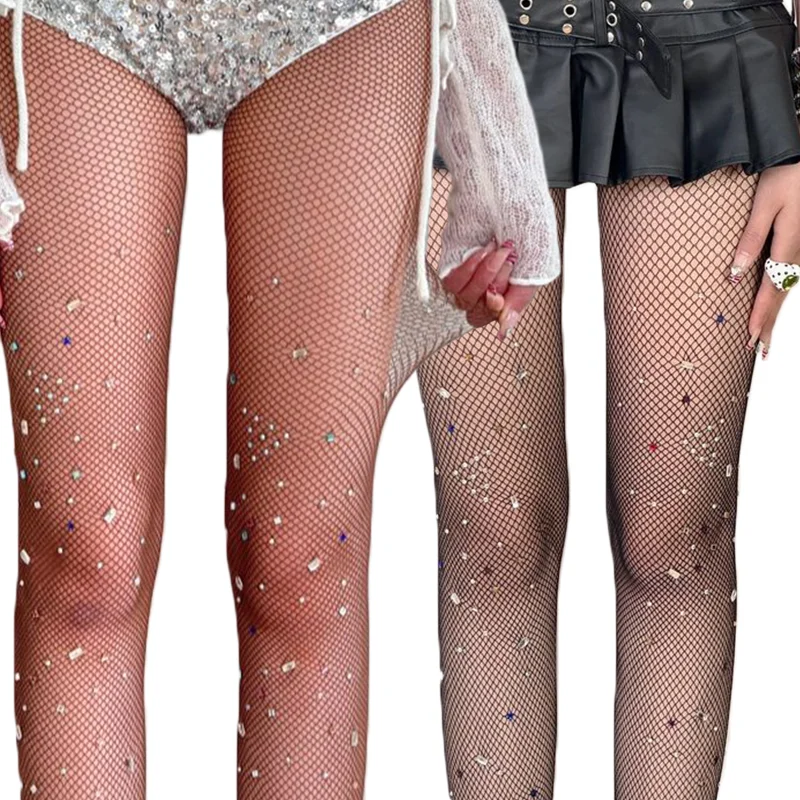 Fashion Shiny Diamond Fishnet Thigh Women Stockings Sexy Shiny Bling Rhinestone Mesh Pantyhose Tights Pantyhose Lingerie Hosiery