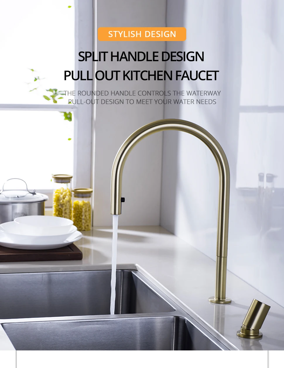Brushed Gold Kitchen Faucet Invisible Pull Out Spray Mixer Double Hole Single Handle Solid Brass Hot and Cold Separate Sink Tap