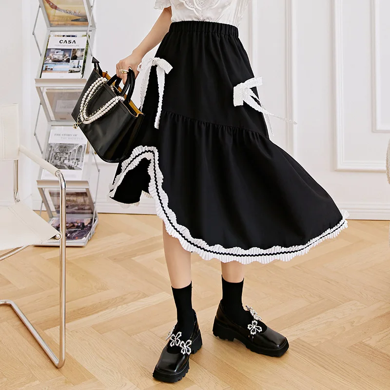 

Coigarsam Women Skirt Spring 2024 Office Lady Solid Patchwork Bow Panelled Black Skirts