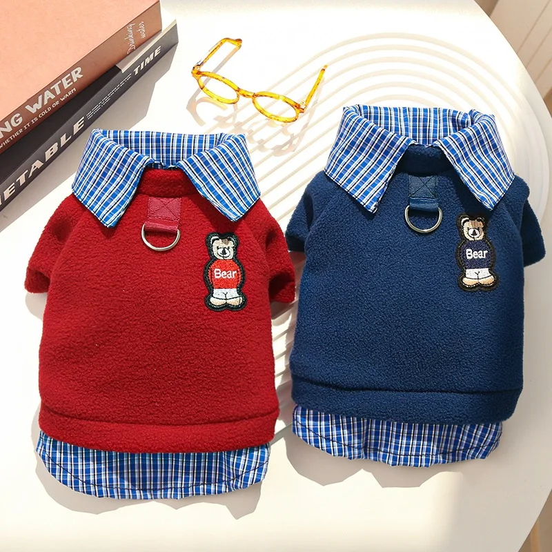 Fashion Dog Hoodies Autumn Dog Clothes Bear Print Puppy Hoodies Cute Plaid Cat Shirt Pet Sweatshirts Chihuahua Pullovers Costume