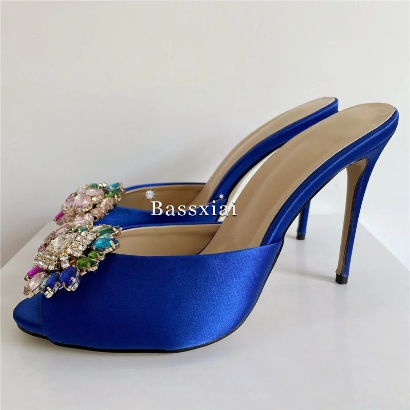 Colorful Rhinestone Buckle Decor Sandals Women 10cm Stiletto Heel Luxury Satin Slingbacks Summer Mules image 4