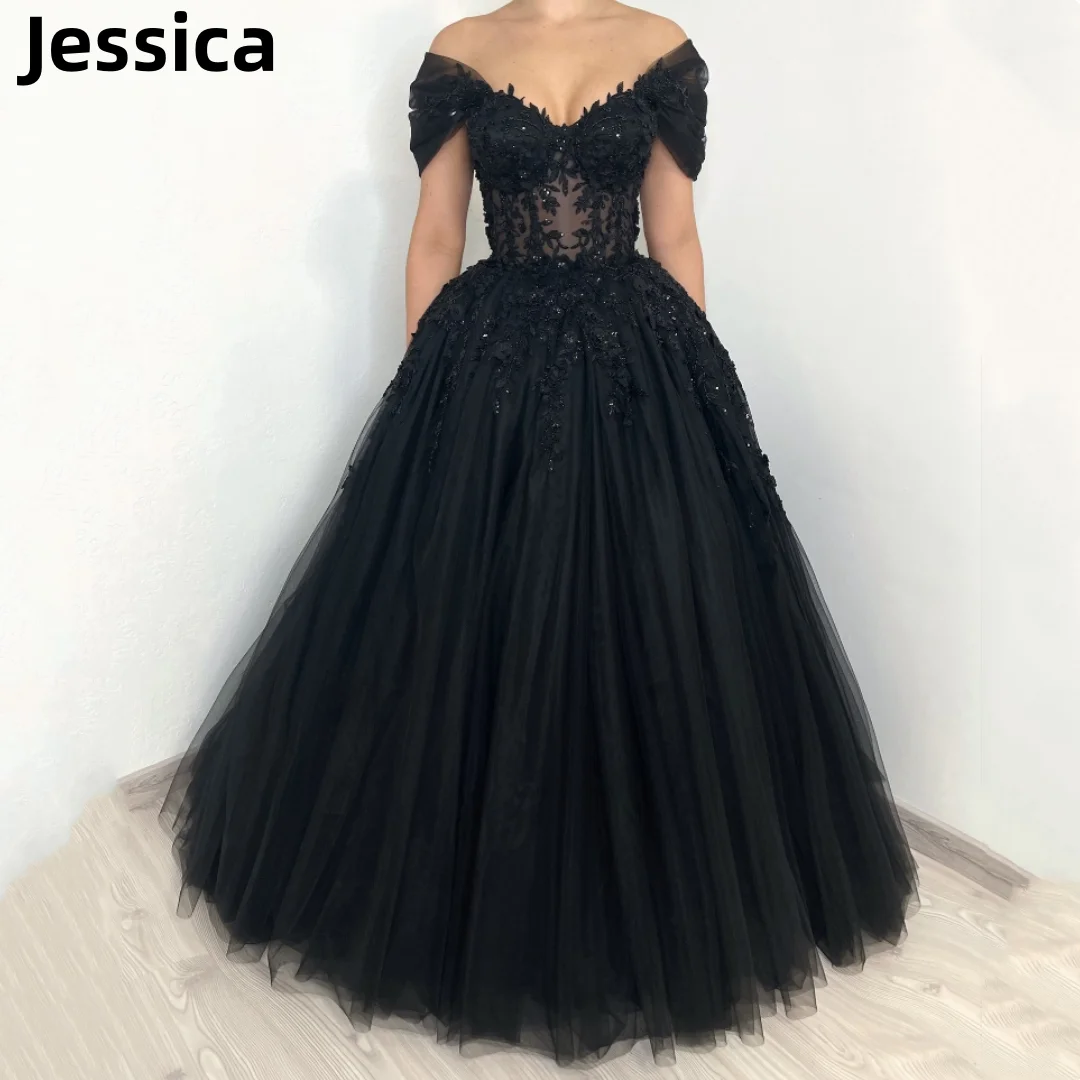 

Jessica Black Gothic Wedding Prom Dress Lace Embroidery Vestidos De Fiesta Off-the-shoulder Tulle Formal Occasions Party Dress