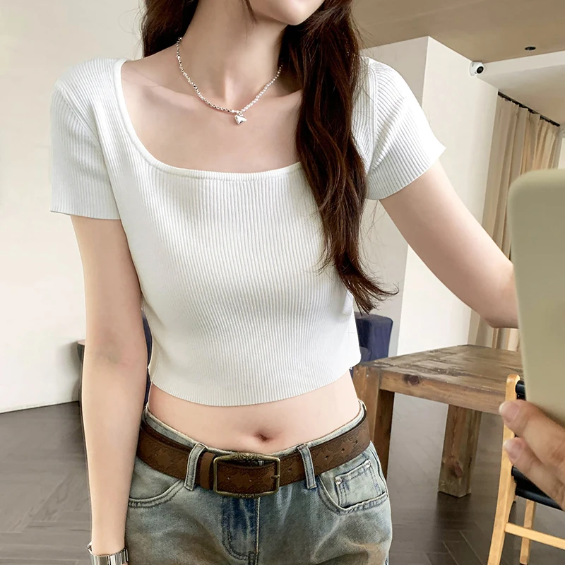 Slim High Waist Sexy Hollow Back Women Crop Tops Streetwear Expose Navel Tight T-shirts Summer Square Collar White Knitted Tees