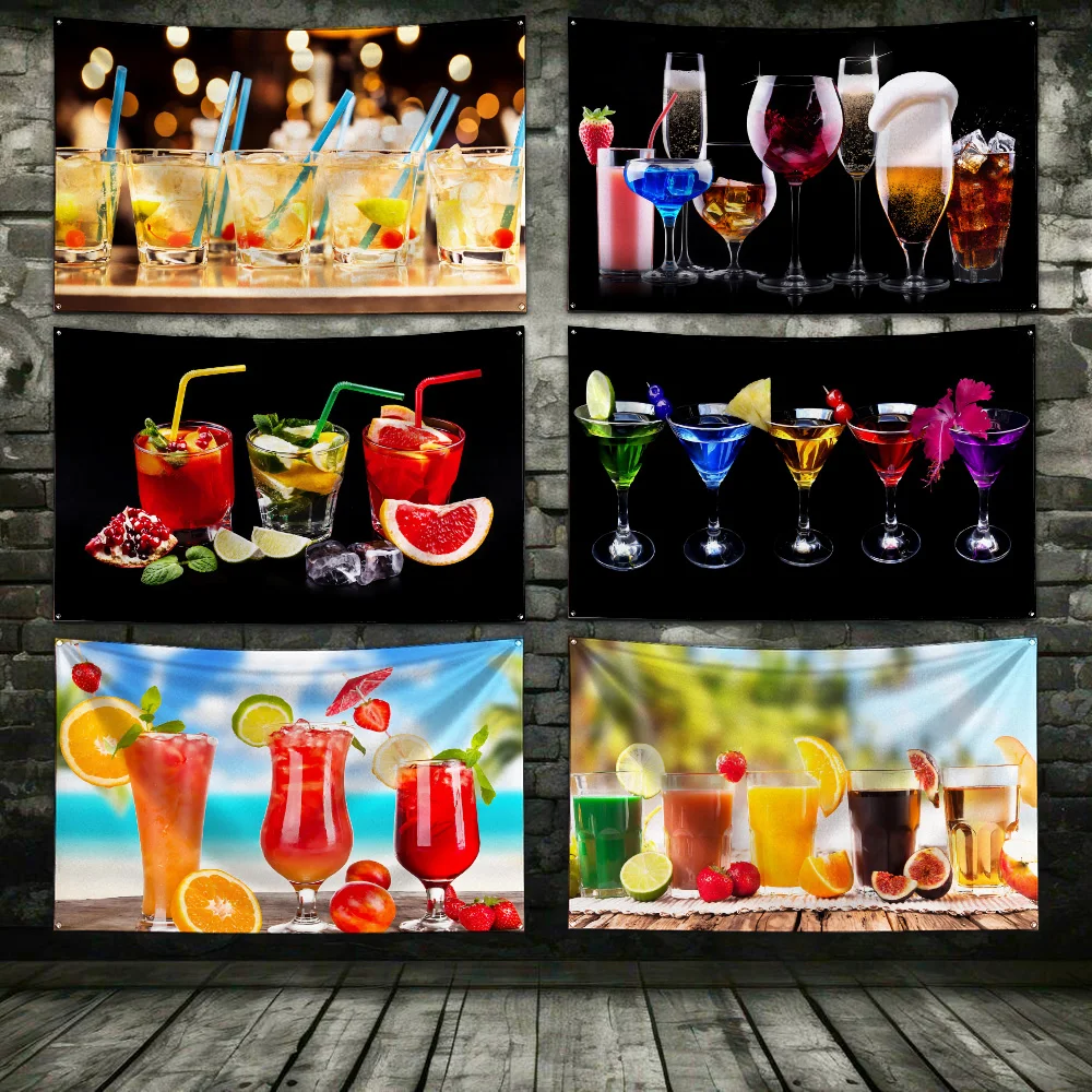 Vintage Colorful Cocktail Flag Polyester Digital Printing Banner 4 Sizes for Garage Wall Art Out Door Decoration