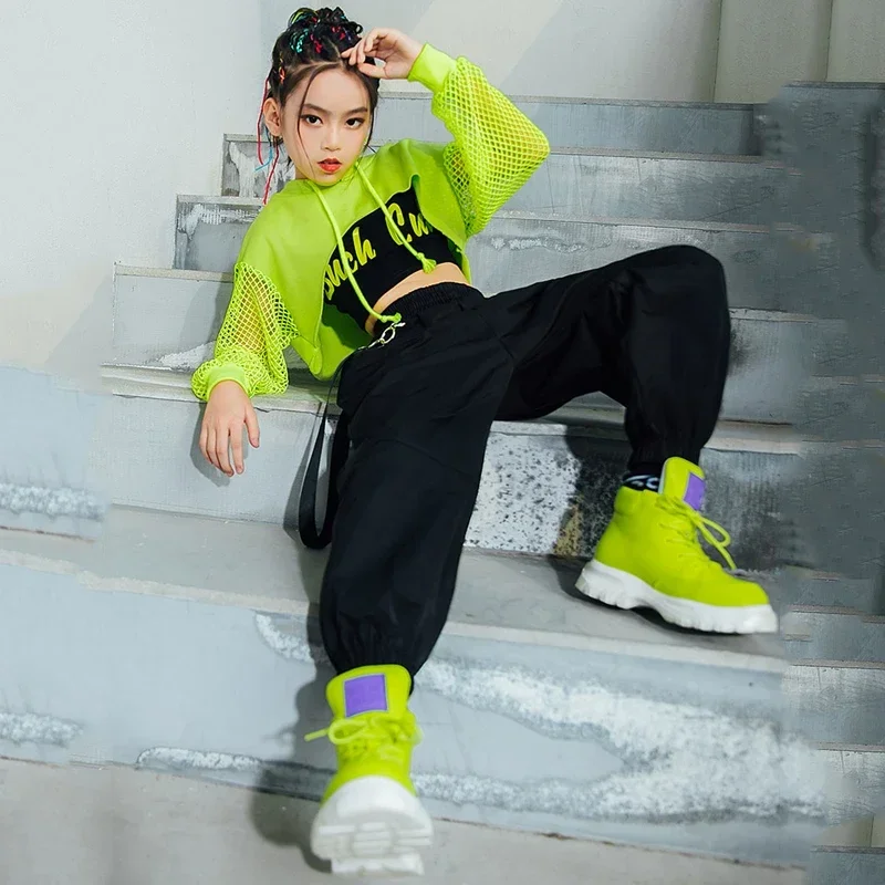 A Hip hop jazz costume girls clothing green tops net sleeve black hip hop pants for kids performance modern dancing clothes