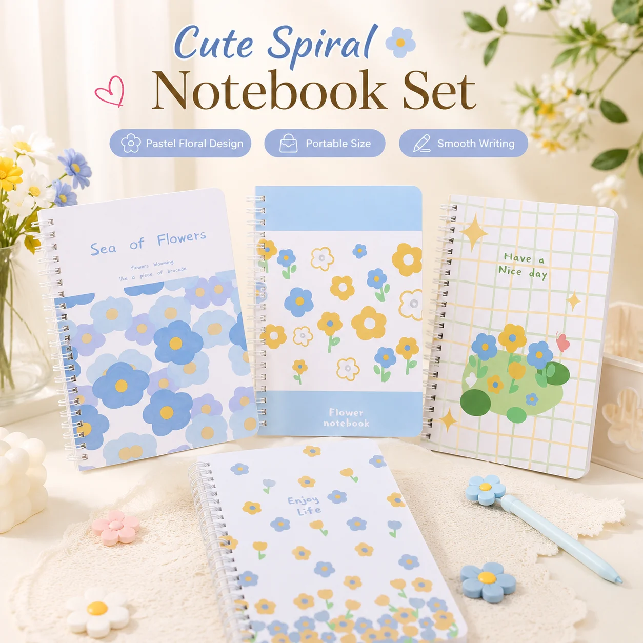 4pcs Sea of Flowers Notebook, Have a Nice Day Inspirational Spiral Journal, Cute Floral Design Gift Notepad for Friends