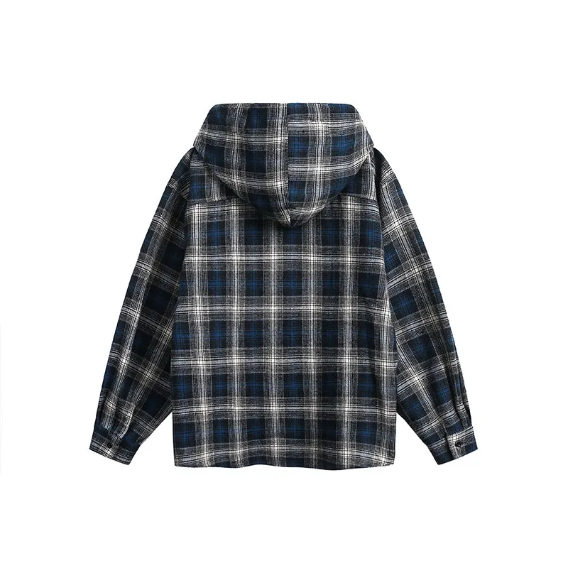 New Men\'s Hooded Plaid Shirt Loose Casual Long Sleeve Checked Overshirt Buttons Blouse Coat Male