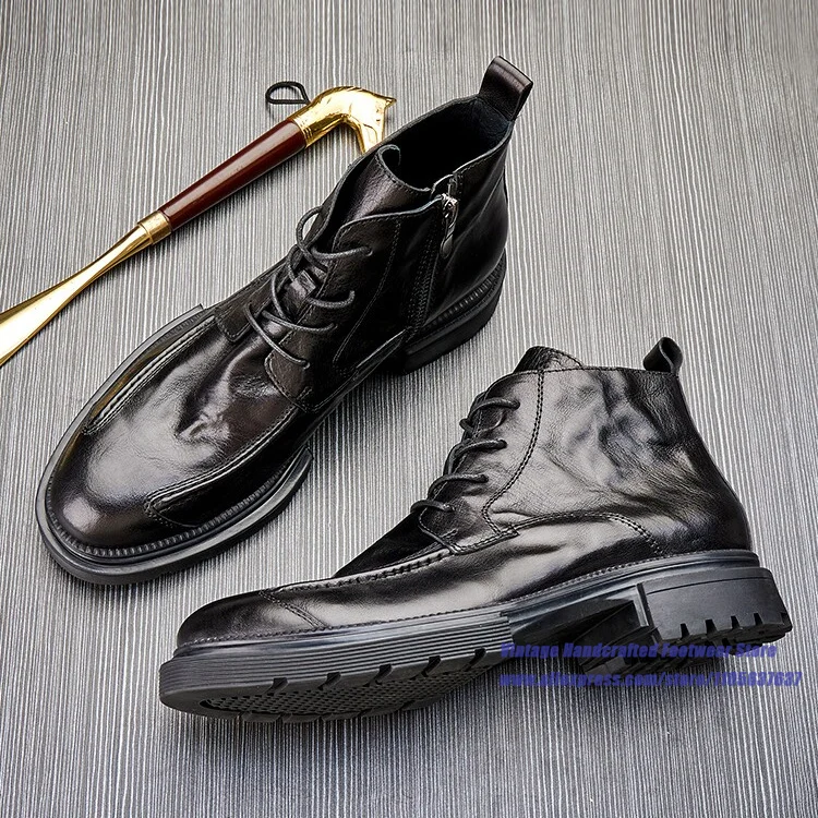 Black Leather Side Zipper Men's Boots British Style Thick-Soled Soft Leather Lace-Up Booties Vintage Handcrafted Men's Shoes