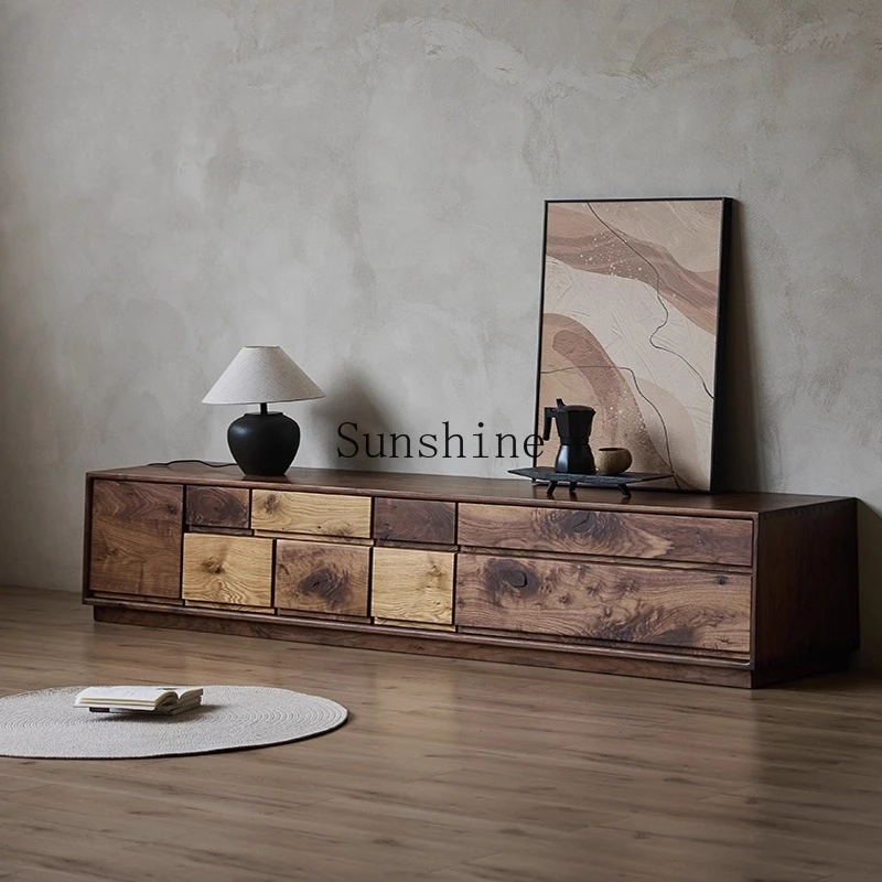 Solid wood floor-to-ceiling TV simple bucket cabinet wabi sandy wind Nordic storage