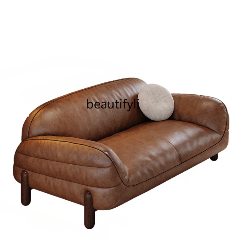 

Leather Sofa Italian Minimalist First Layer Cowhide Sponge Brown Straight Row Living Room Small Apartment Modern