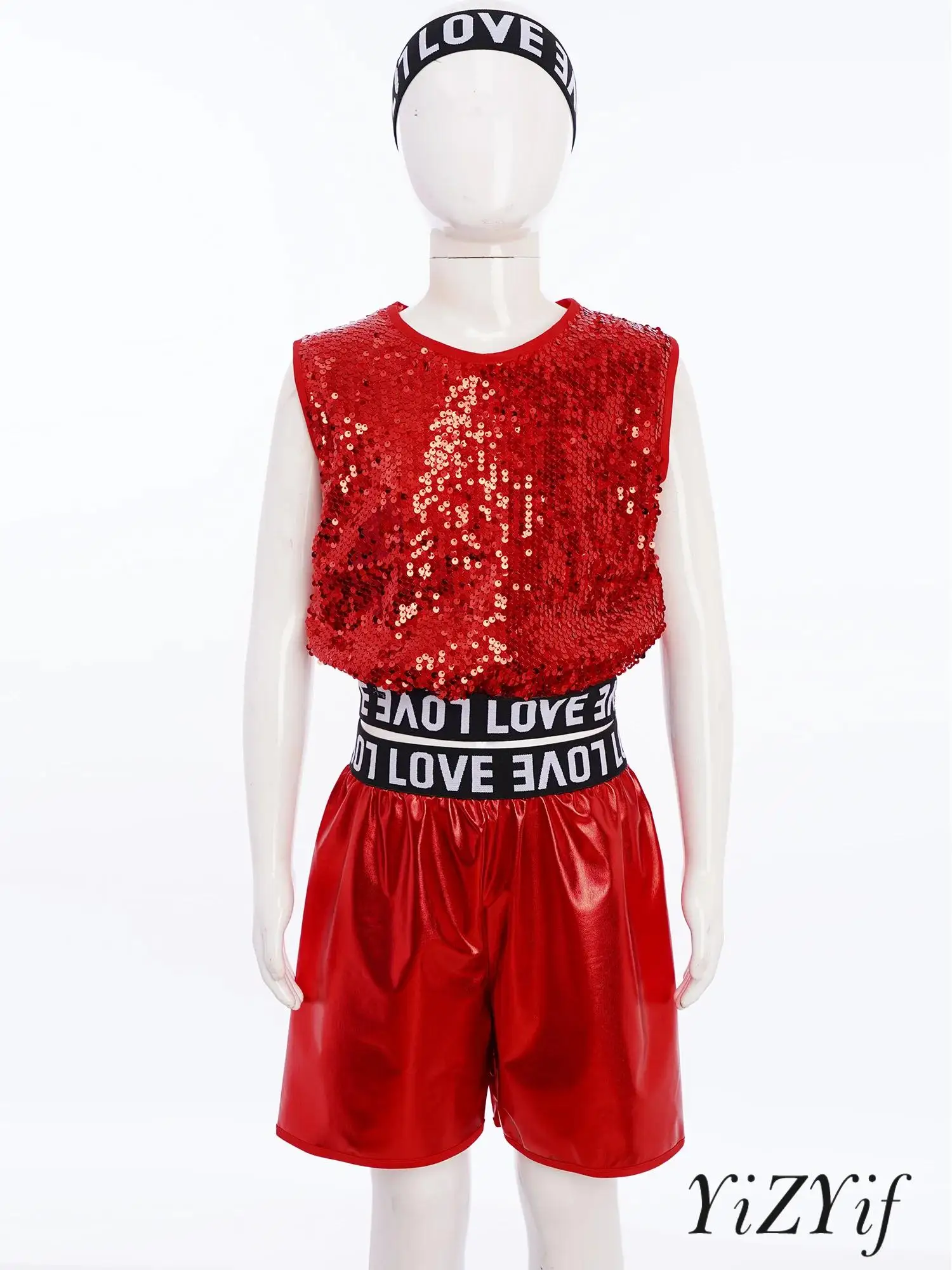 

Kids Jazz Performance Outfit Sleeveless Letter Print Vest with Sparkle Shorts Headband Set for Hippie Hip Hop Dance Competition