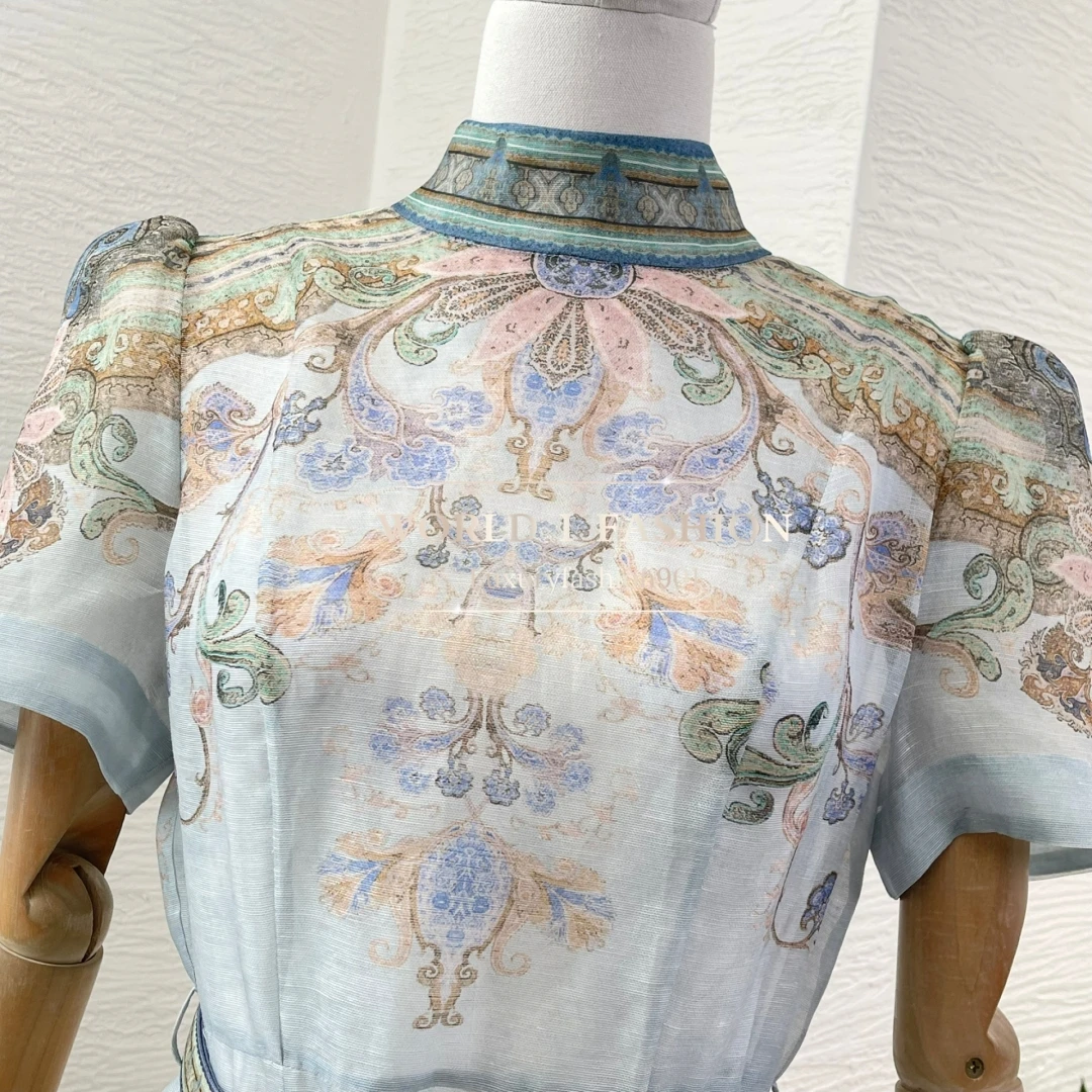 レトロペイズリーニューリネンシルク春夏ビーチスタイル高品質フルスリーブスタンドカラーウエスト女性ミディドレス