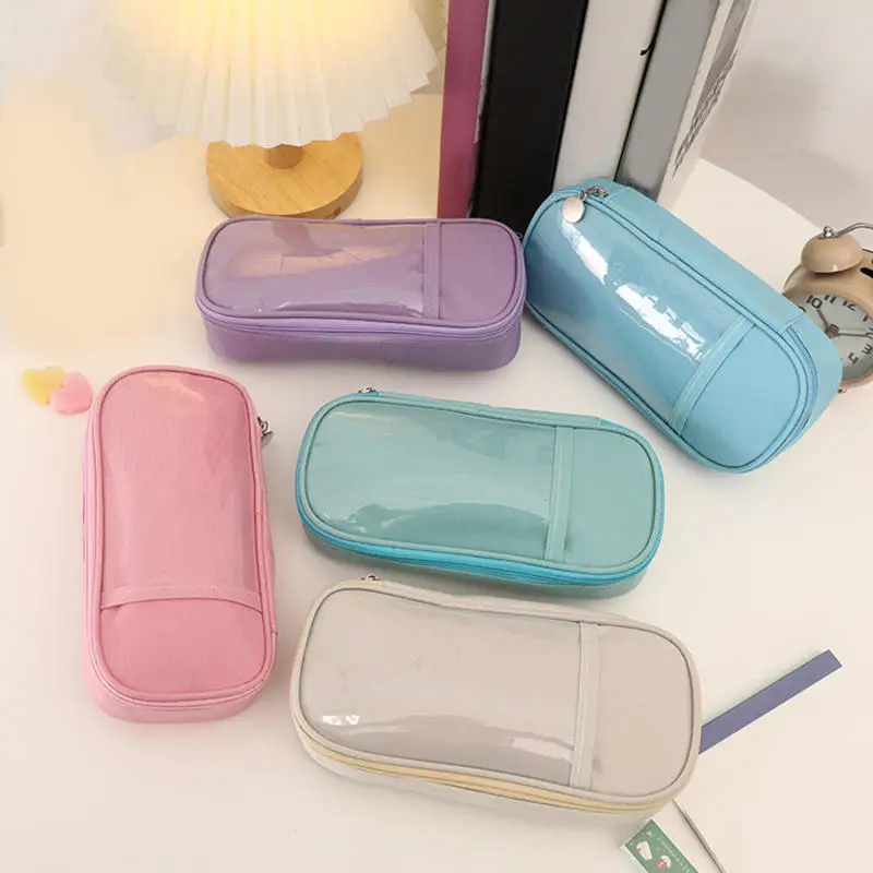 Simple Large Capacity Pencil Case Solid Color Zipper Storage Stationery Bag Transparent Office Pencil Bag