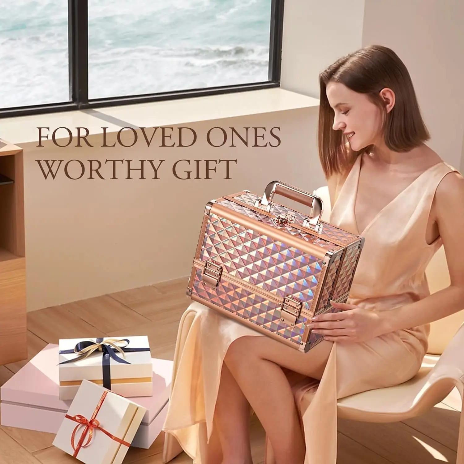 กระเป๋าเครื่องสำอางสีโรสโกลด์ขนาด 11.6 นิ้ว พร้อมกระจก ที่ใส่แปรง และกุญแจล็อคสำหรับการเดินทาง