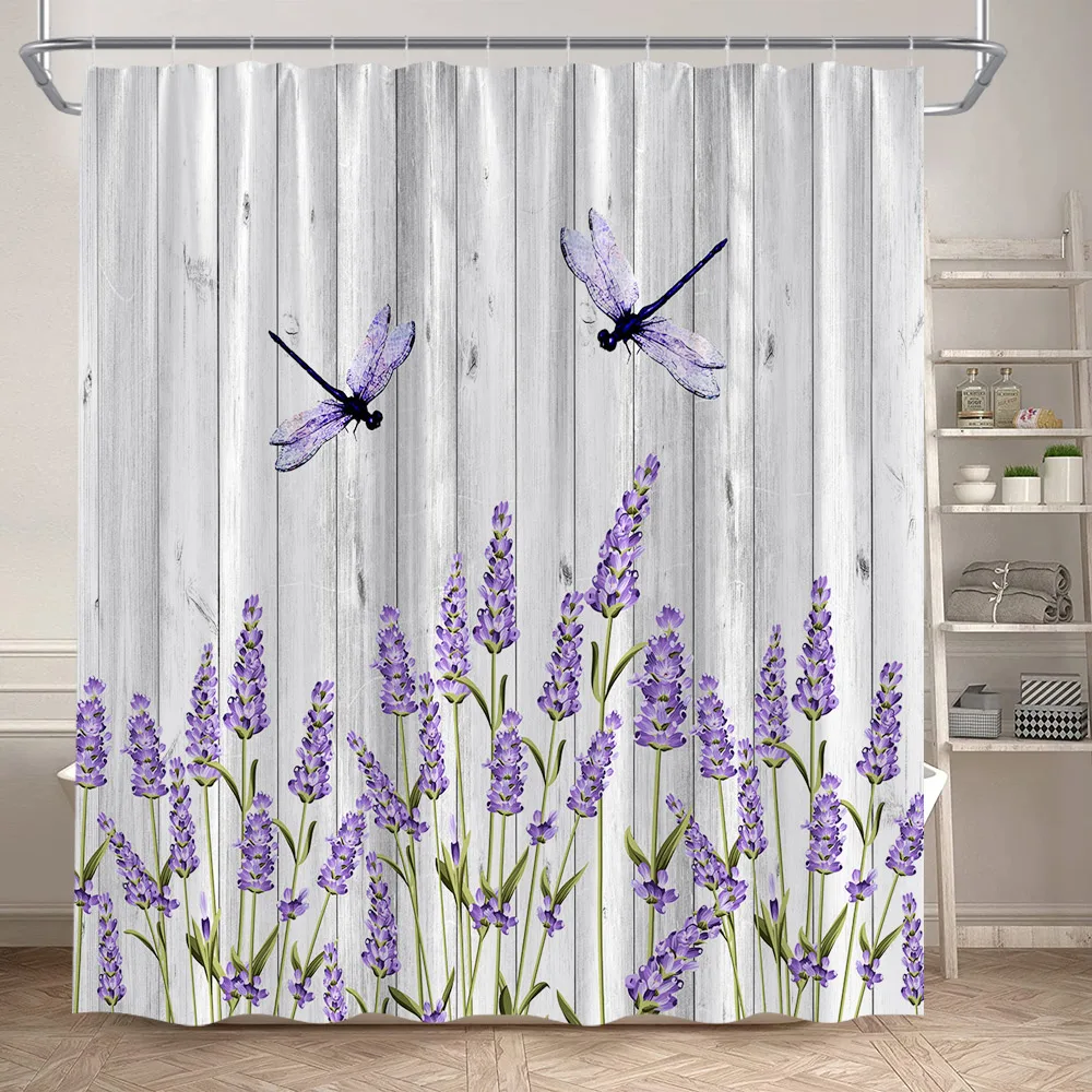 Purple Lavender Shower Curtain Butterfly Dragonfly Watercolour Floral Plant Bath Curtain Set Polyester Bathroom Decor with Hooks