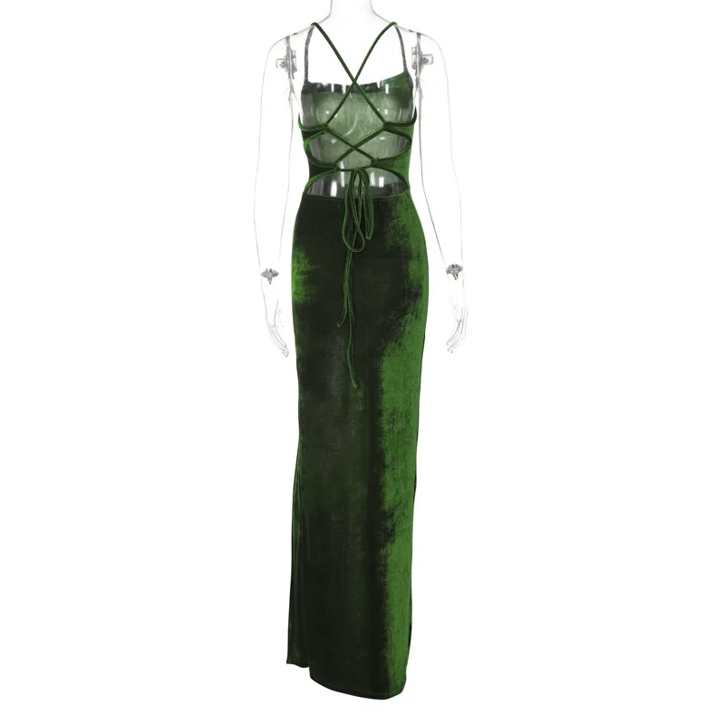 DSMTRC spaghetti Strap Bodycon Maxi Dress per donna 2024 Summer Green Big Backless Party Clubwear Sexy Split Cut Out Dresses