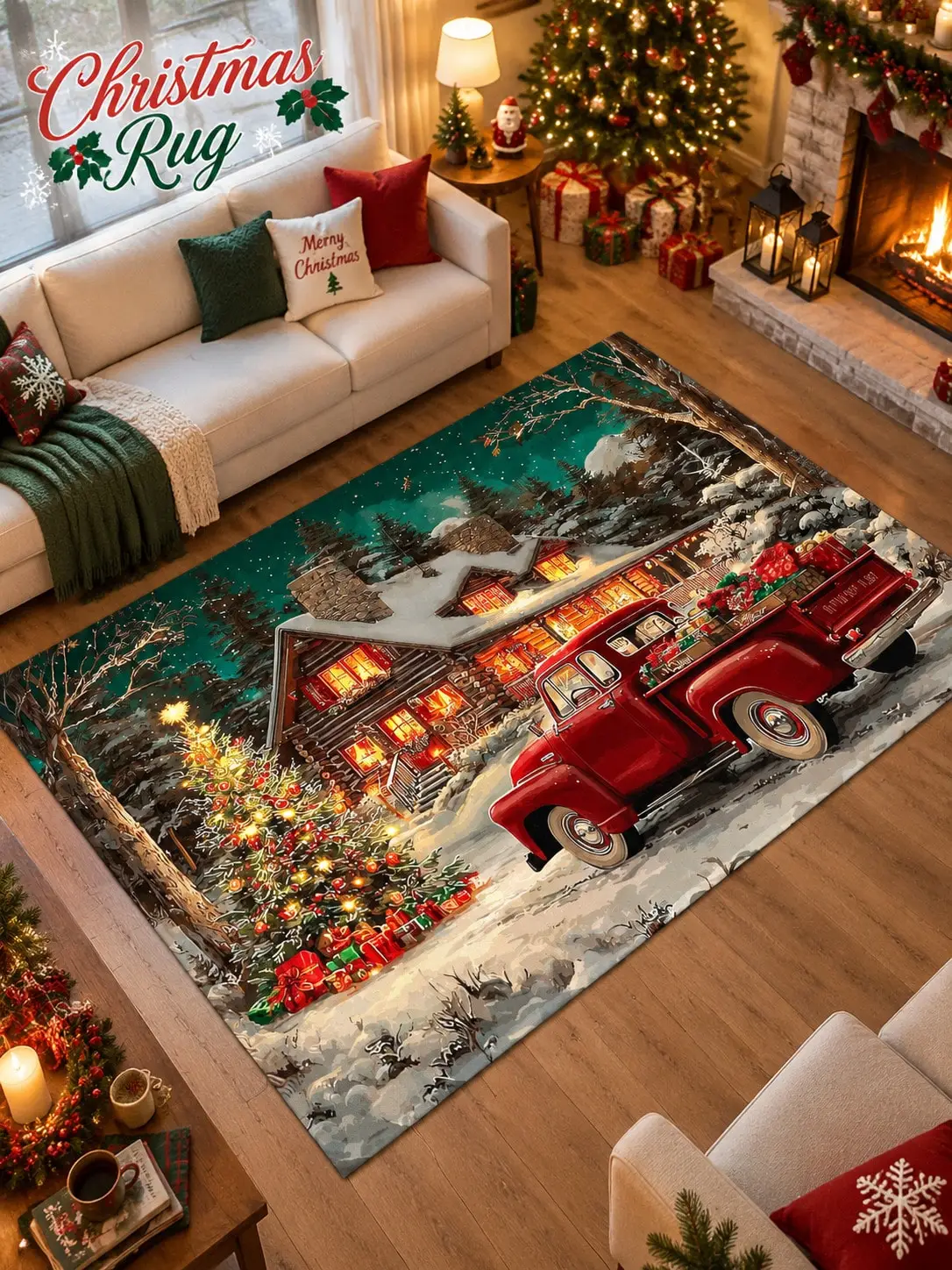 Christmas Rug Pickup Truck Cabin Tree Floor Decor Carpet Living Room Bedroom Dining Area Entryway Apartment Cottage Winter Home Styling Beside Sofa Fireplace Housewarming Birthday Gift for Family Friends Neighbors Sisters Holiday Dinner Gatherings