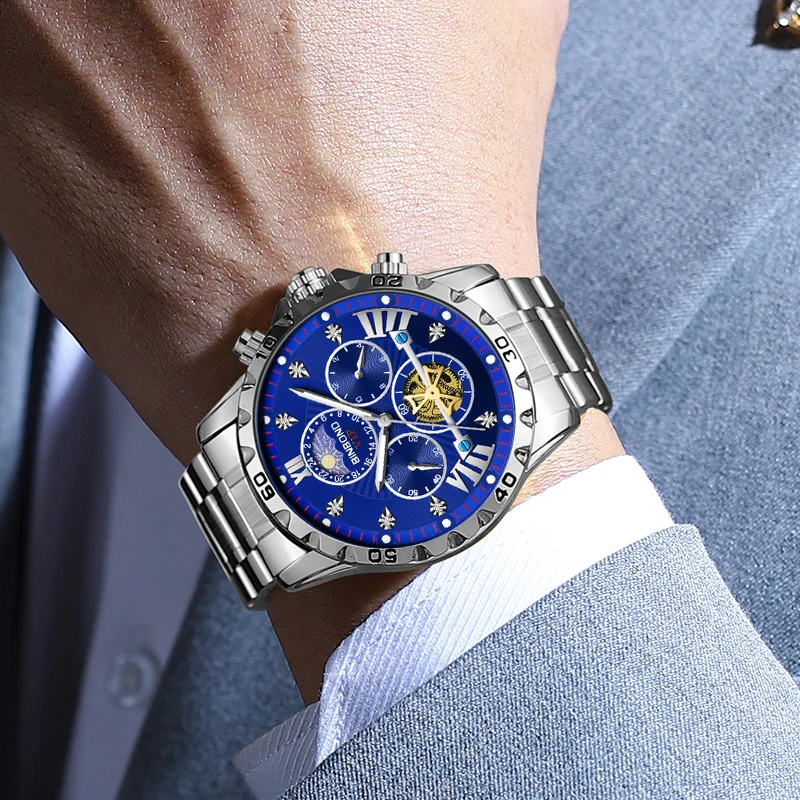 BINBOND Orologio militare di lusso da uomo Orologio sportivo da polso da uomo al quarzo Cronografo luminoso impermeabile Orologi da uomo in acciaio inossidabile