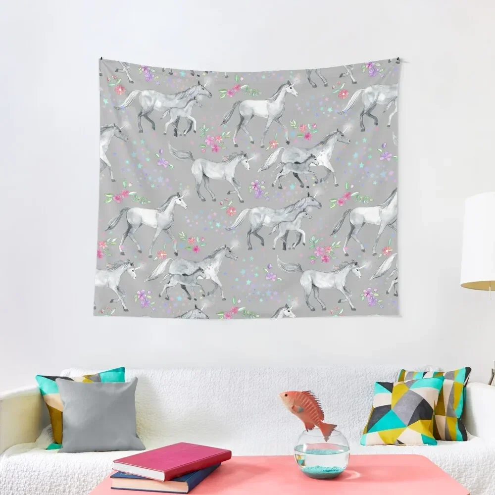 

Unicorns and Stars on Soft Grey Tapestry Wall Mural Decorations For Room Decor Home Decor For Bedroom Tapestry