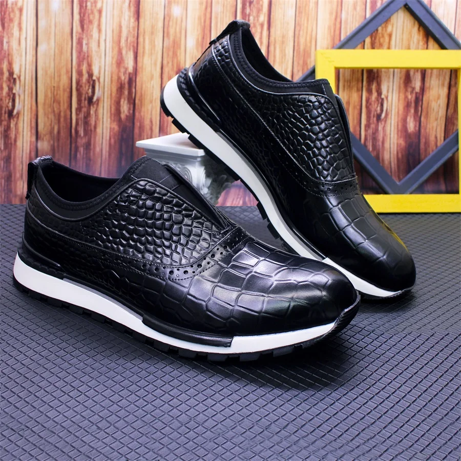 Sapatos masculinos de couro estilo crocodilo, tênis casual confortável com sola non, ideal para casamento e encontros