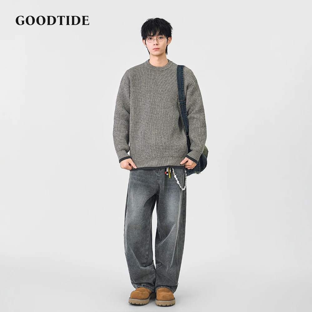 2025 Winter New Fashion Men's Casual Crew Neck Sweater Waffle Knit Pullover Contrast Trim Soft Long Sleeve Jumper Top