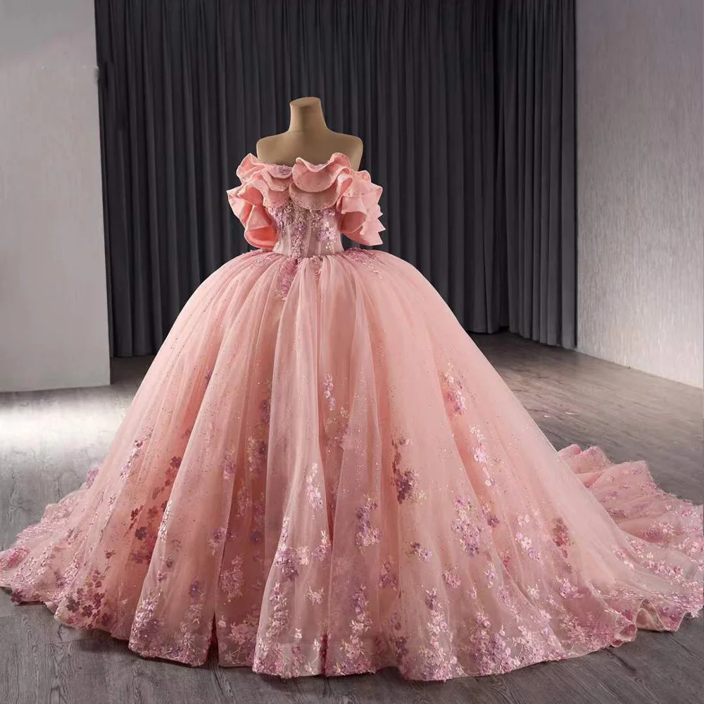 vestidos 15 Quinceañera kanten bloem off-shoulder kanten rug roze baljurk lange formele jurk