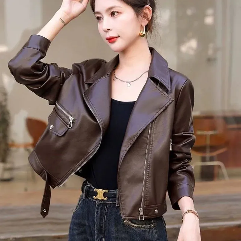 2025 Autumn New Leather Jacket Women's Short Popular Street Casual Retro Pu Leather Fashion Leather Jackets