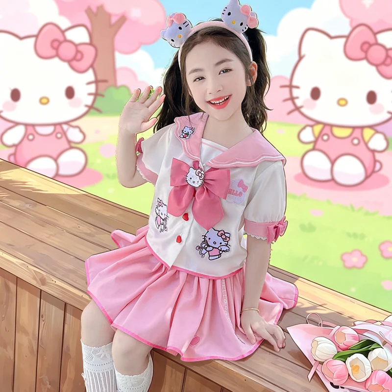 

Hello Kittys Girl Dress Sanrios Summer Dress New Girls Party Dresses College Set Pleated Skirt Two-Piece Set Student Clothing
