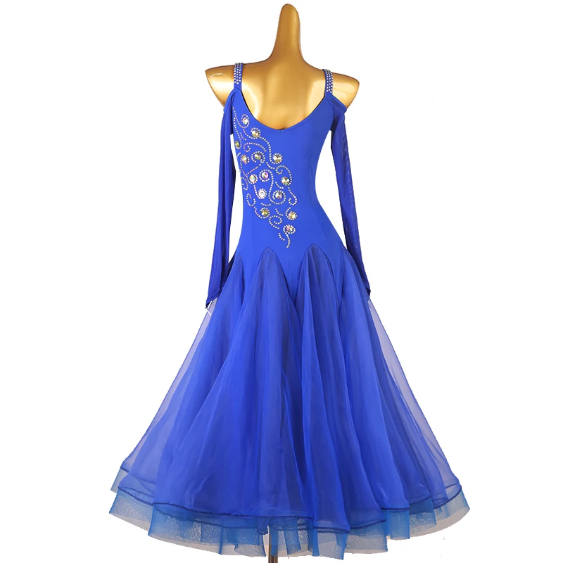 فستان الفالس الأزرق الملكي 2026 جديد عالي الجودة بأكمام طويلة حبال أداء المرأة زي فتاة الإستعراض ساحة الرقص الأبيض