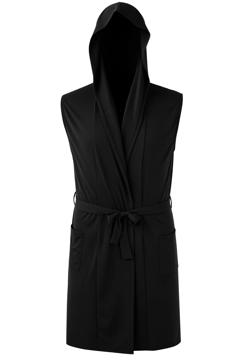 Men's Sleeveless Hooded Bath Robe Quick Dry Lightweight Kimono Robe with Belt Pocket Summer Spa Loungewear Nightgown