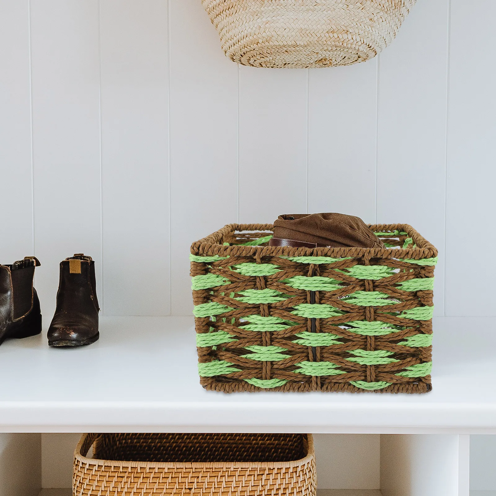 

Woven Storage Basket Paper Rope Rectangle Snack Fruit ganizer Bathroom Bedroom Kitchen Decorative Box Container