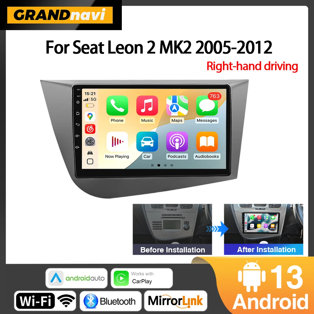 9inch Android 14 RHD Car Radio For Seat Leon 2 MK2 2005-2012 Wireless Carplay Android Auto GPS WIFI Stereo Head Unit 2Din