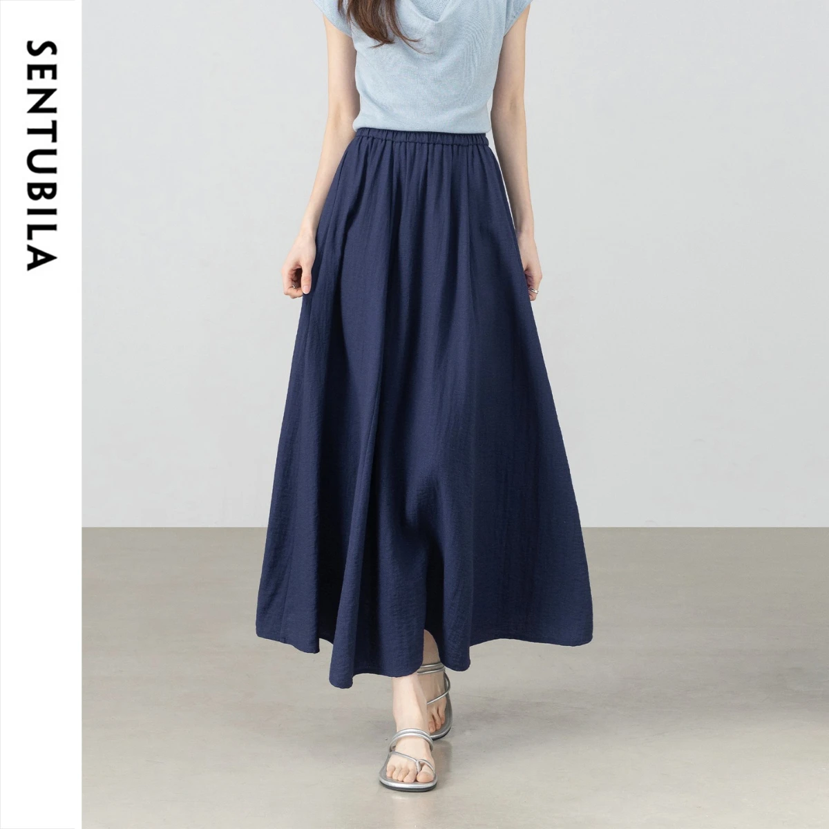 SENTUBILA Women's A Line Skirt 2026 White Linen Summer New Casual Elastic Waist Loose Long Minimalist Office Skirt 162QA5883