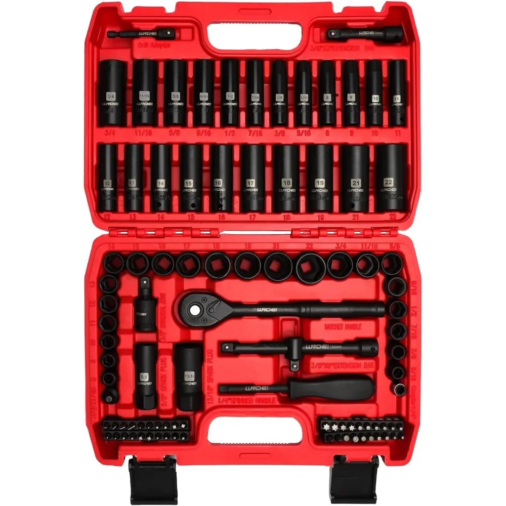 

3/8”Drive Impact Socket Set,Standard SAE(5/16 to 3/4-Inch) Metric Size(8-22mm), 95 Piece, CR-V Steel Deep&Shallow Kit