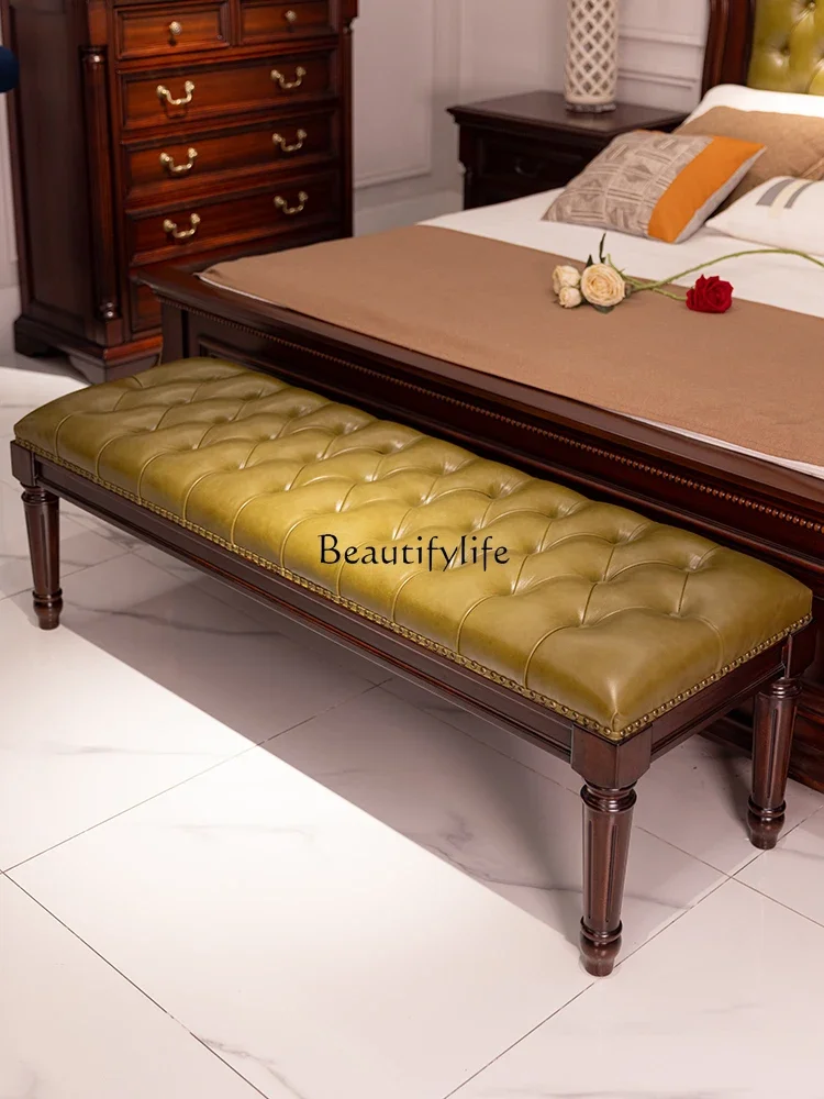 

yj19 American Style Solid Wood Bed End Stool Bedroom Cowhide Genuine Leather Soft Cushion Long Bench