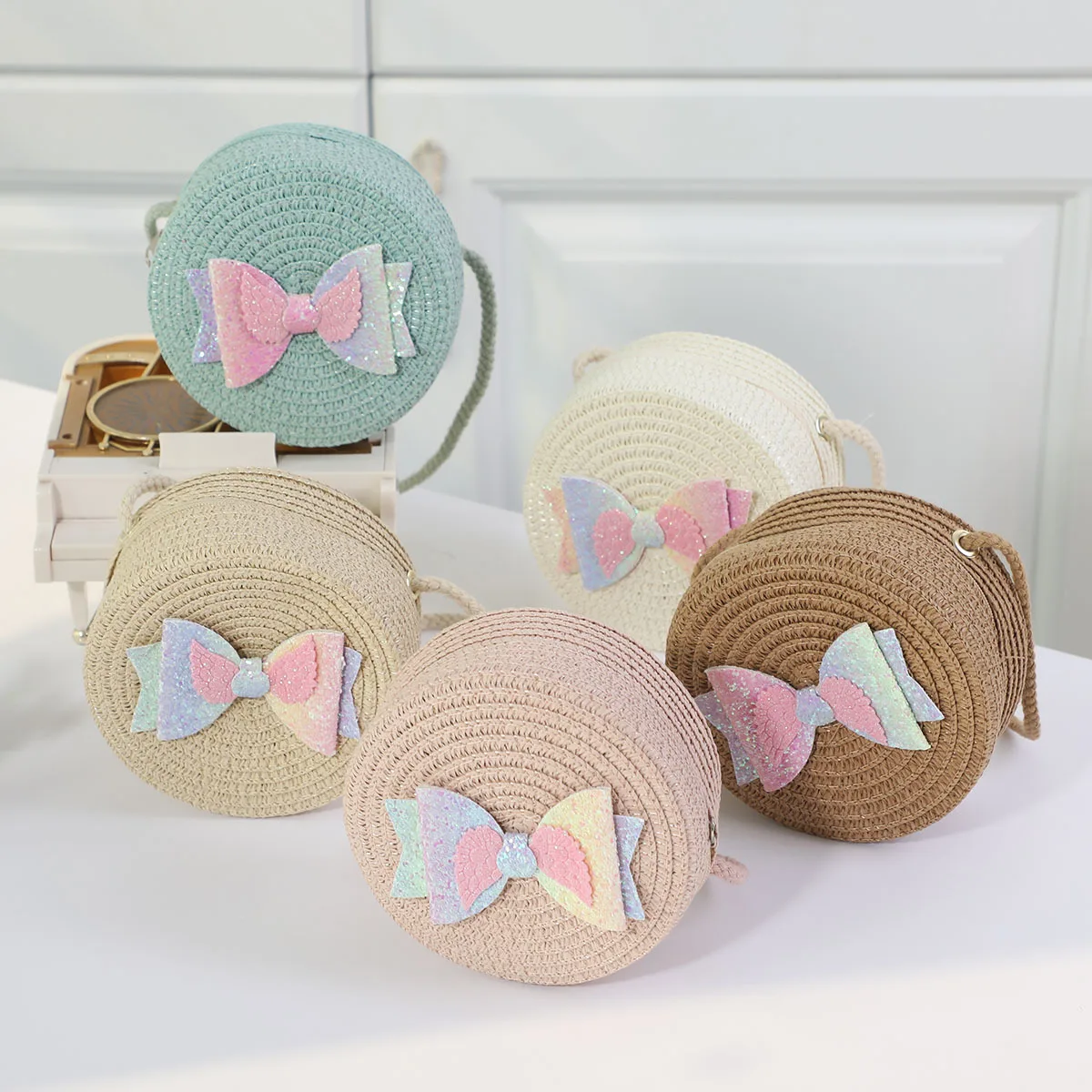 Casual Straw Flower Children\'s Shoulder Bags Fashion Round Woven Bow Girls Crossbody Bag Simple Baby Kids Beach Purse Clutch