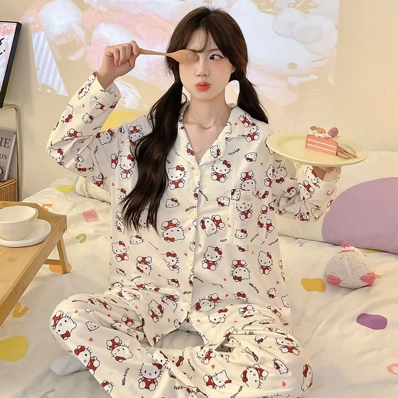 Cartoon Sanrio loungewear women's pajamas autumn cotton long-sleeved trousers casual two-pice set HelloKitty silk pajamas women