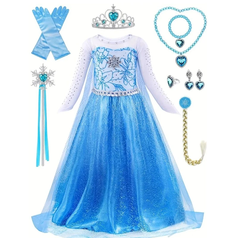 Elsa Dress for Girls Long Sleeve Carnival Party Kids Cosplay Dress Birthday Vestidos Snow Queen Halloween Costume for Kids