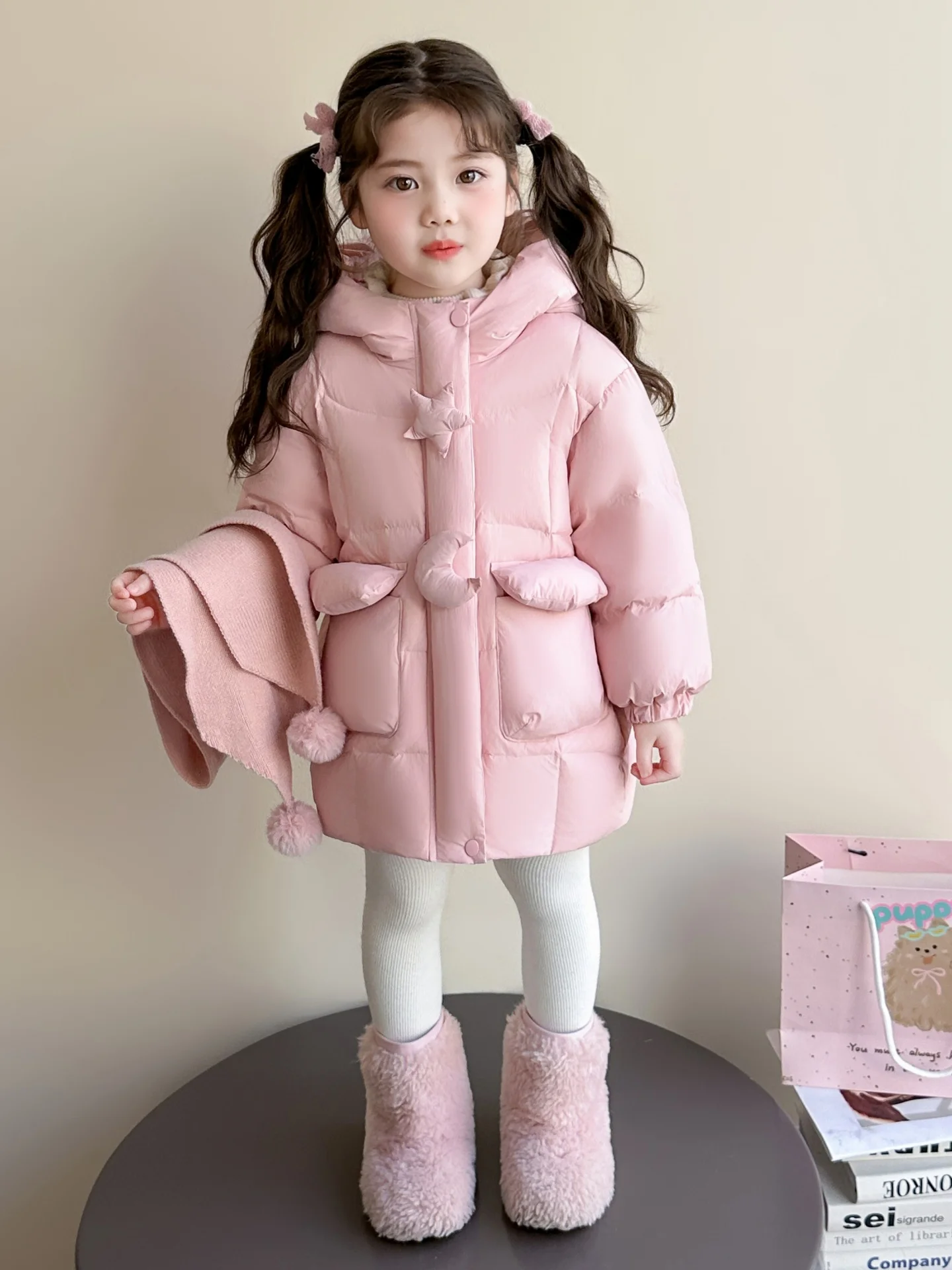 

Girls' Winter Faion Thiened Bread Sle down Jaet Coat Warm Mid-Length Zipper Closure Long Sve Children Outerwear